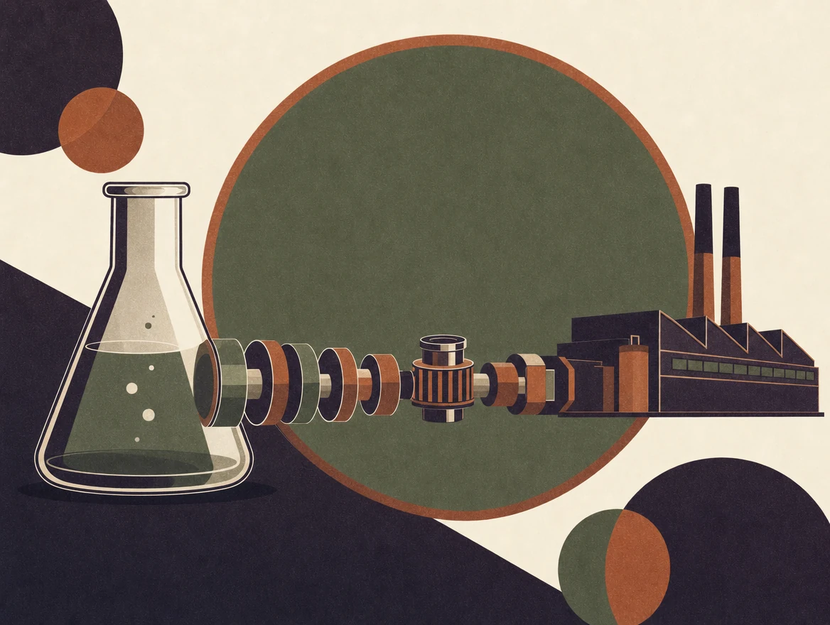 Illustration éditoriale abstraite d'un passage du laboratoire à l'échelle industrielle.